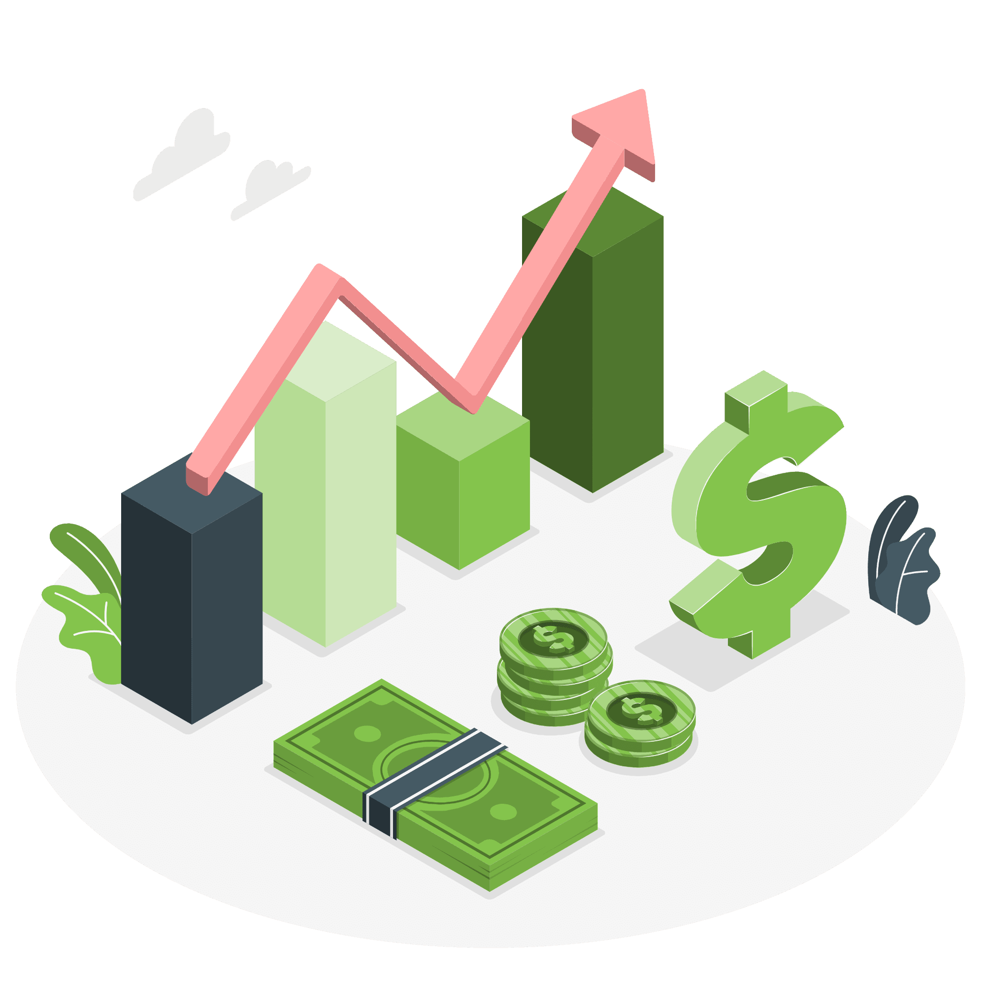 colunas de gráficos com uma seta em cima que sobe com notas de dinheiro e moedas na sua frente