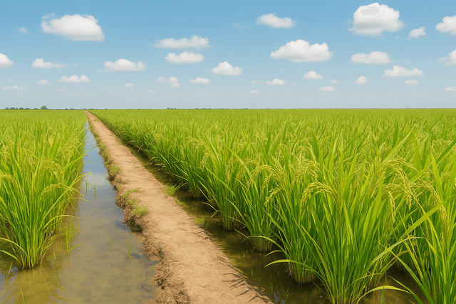 grande campo de trigo verde, com pivôs de irrigação em cima cobrindo o campo inteiro
